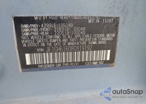 2008 Subaru Impreza 2.5I from USA, damaged, VIN JF1GH61608G819192